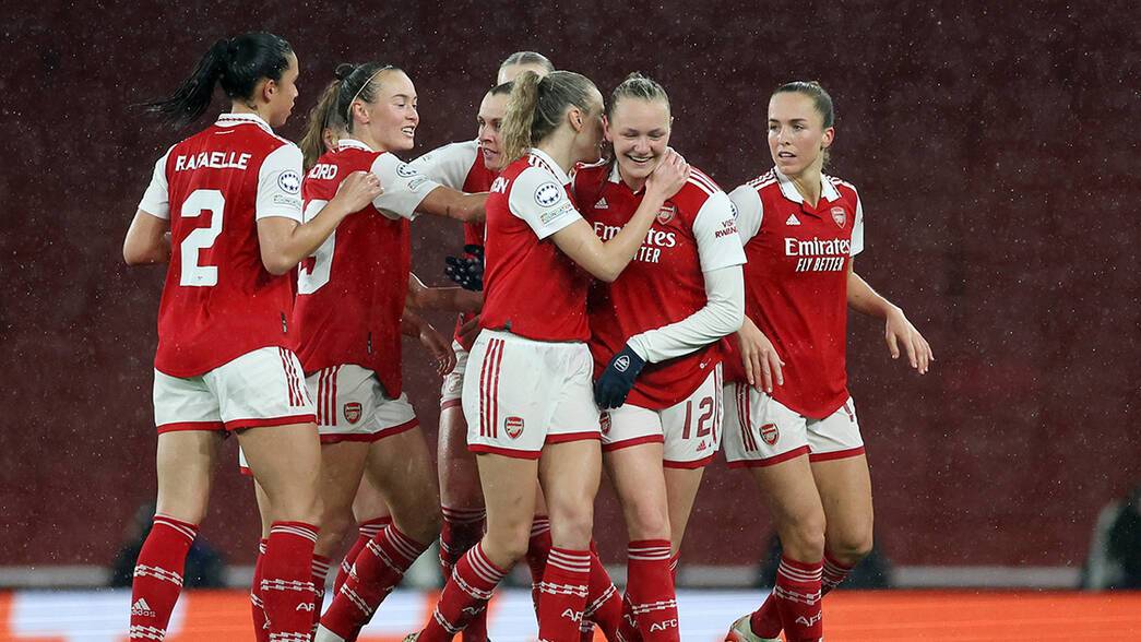 Arsenal Women celebrates scoring in the Women's Champions League quarter-final